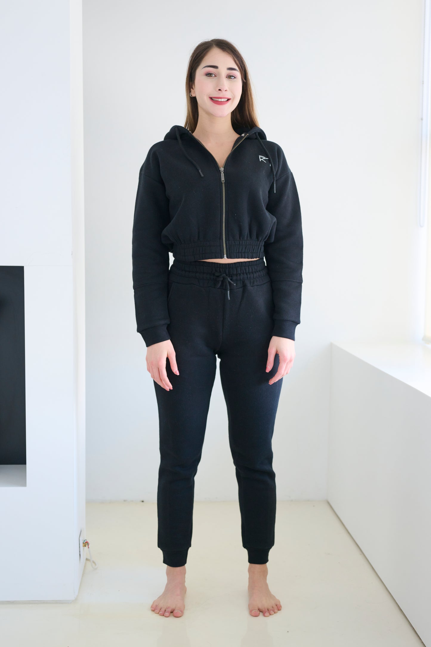 Two Piece Lounge Set. Cropped Zip Hoodie and Jogger - Black