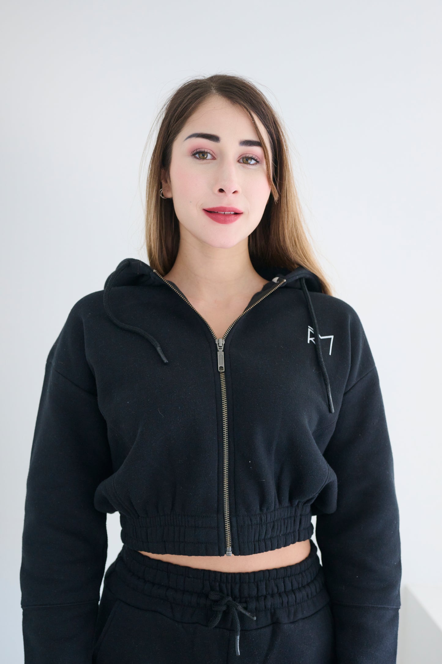 Two Piece Lounge Set. Cropped Zip Hoodie and Jogger - Black