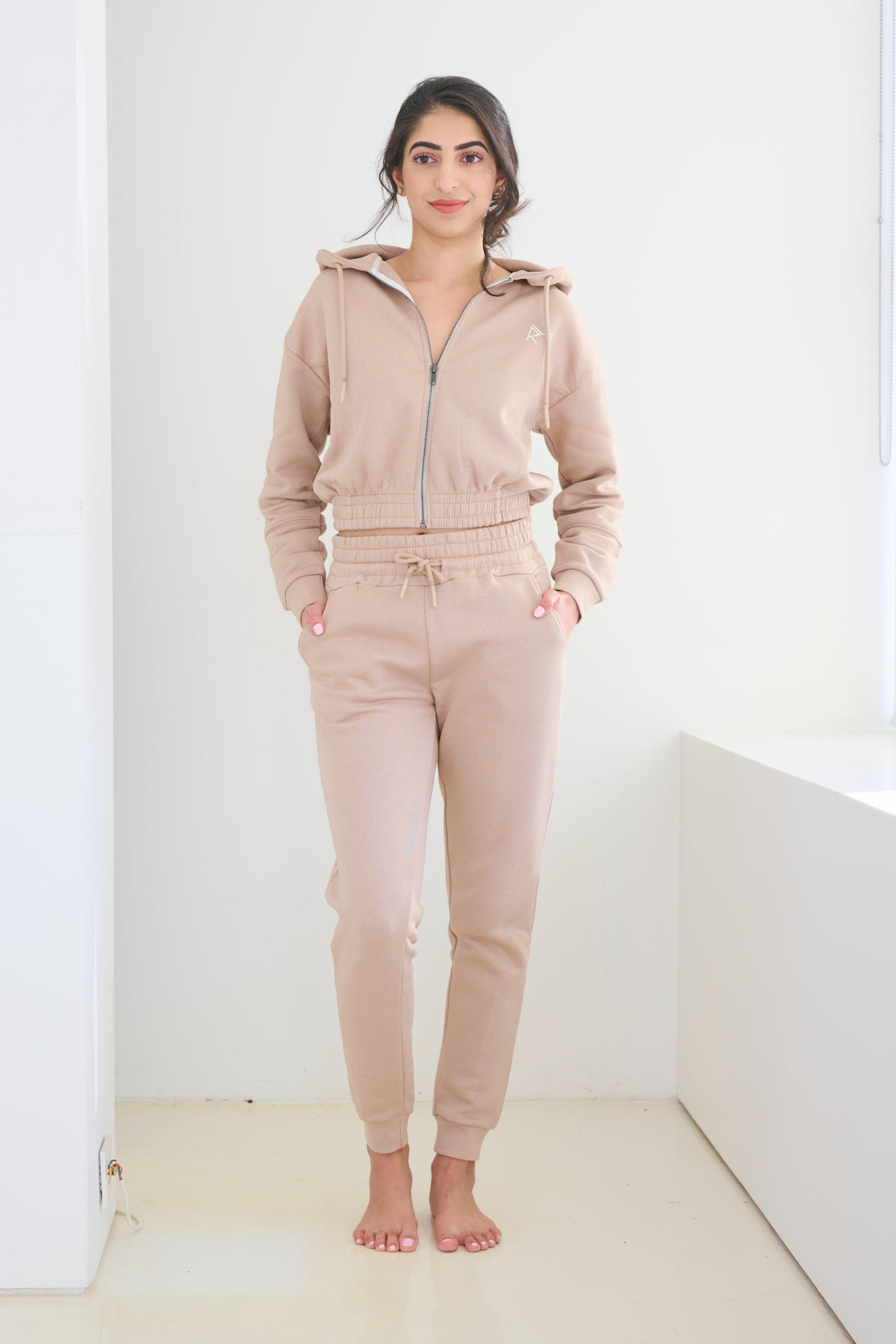 Two Piece Lounge Set. Cropped Zip Hoodie and Jogger - Taupe