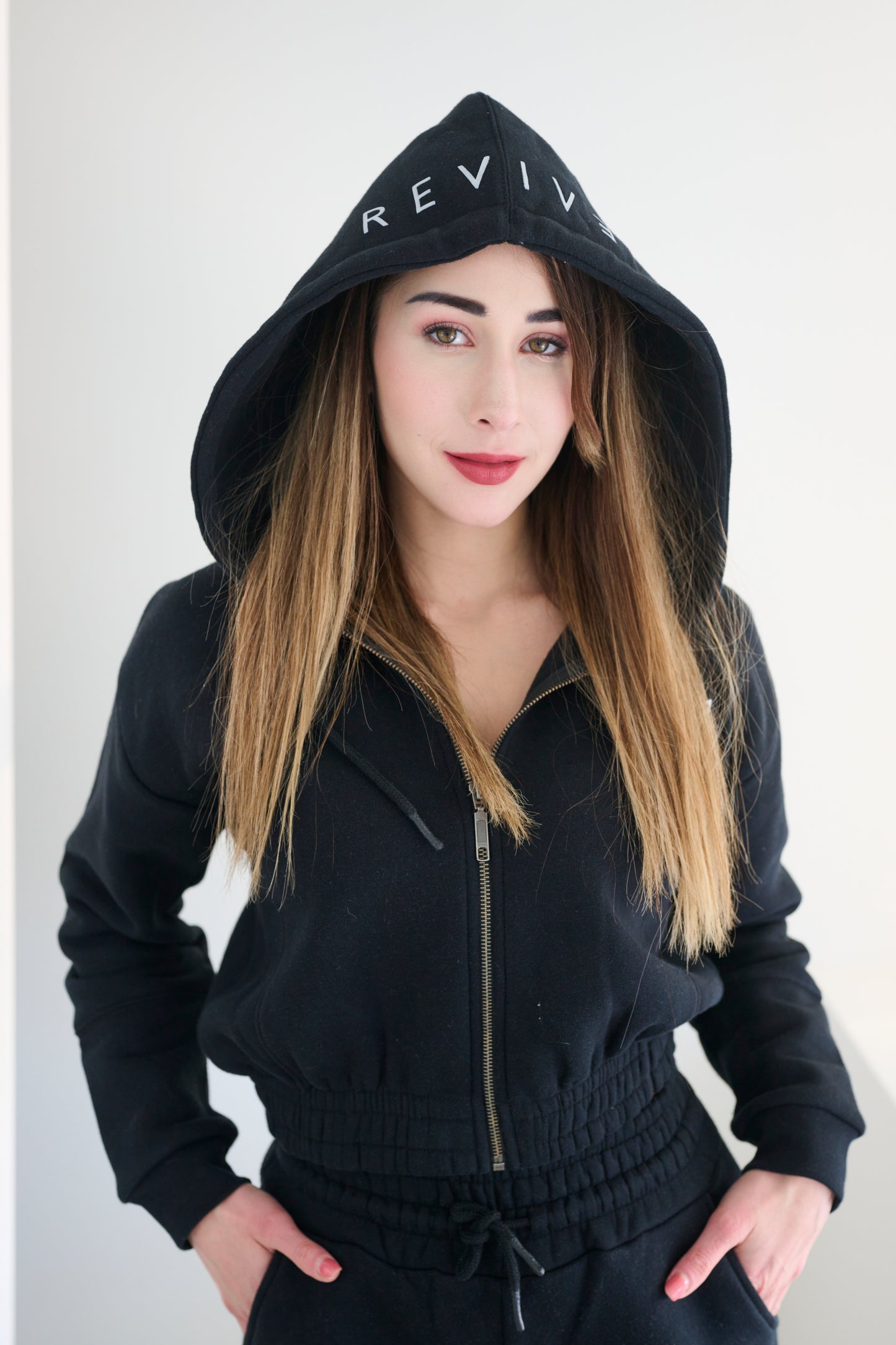 Two Piece Lounge Set. Cropped Zip Hoodie and Jogger - Black