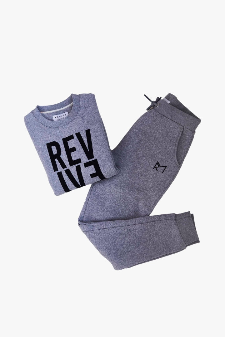 Two Piece Lounge Set. Crew Neck Jumper and Jogger - Grey Heather