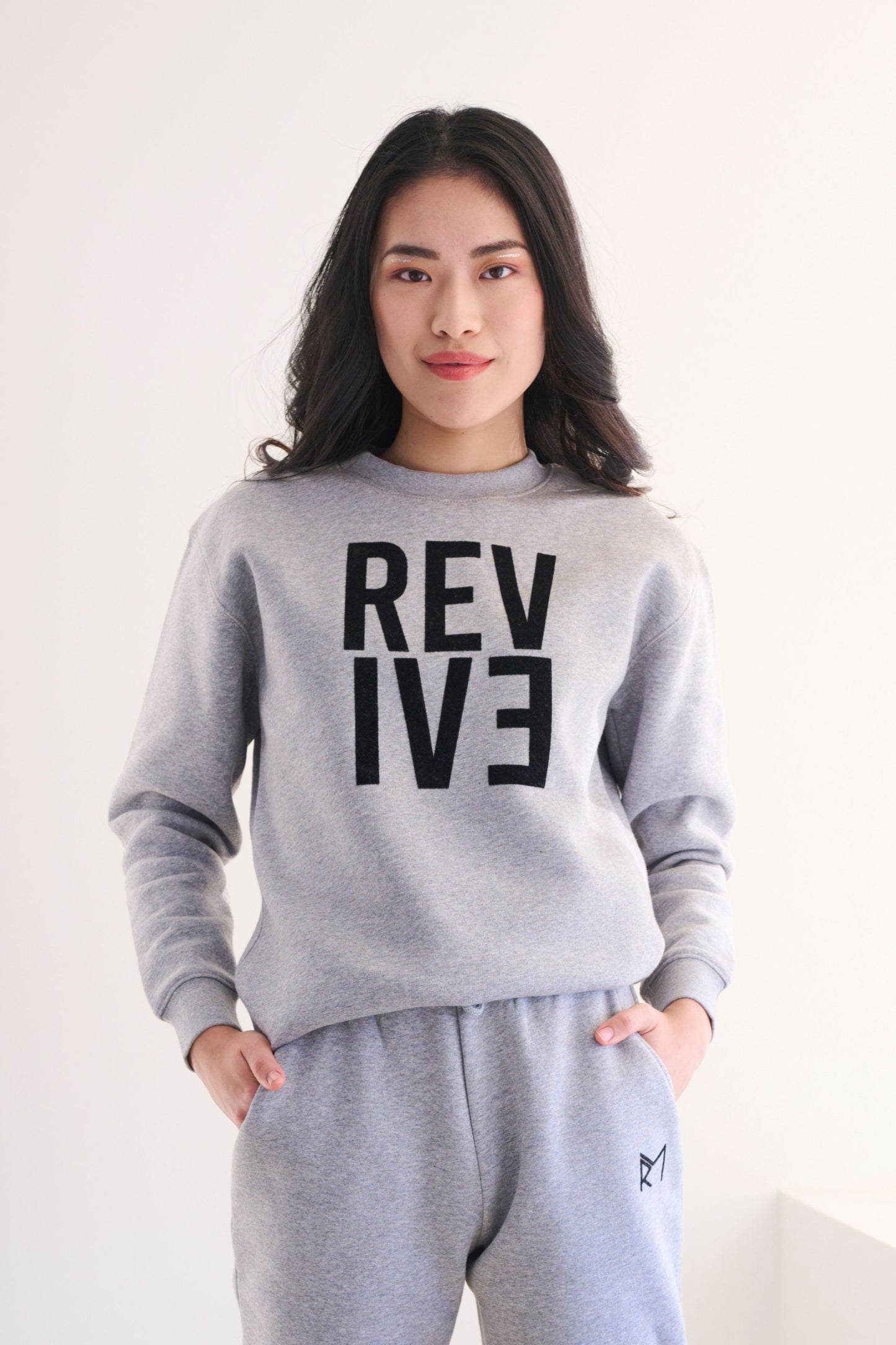 Two Piece Lounge Set. Crew Neck Jumper and Jogger - Grey Heather